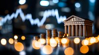 Growing stack of coins leading to classical bank building model against financial chart background with bokeh lights, representing investment and banking concept.