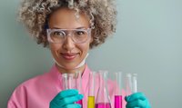 African American female scientist in glasses and pink coat holding laboratory glassware with colorful liquid chemicals, showing confident smile against mint green wall.