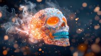 Ornate sugar skull with glowing orange and blue patterns emitting smoke and sparks against dark background, mystical Day of Dead celebration artwork.