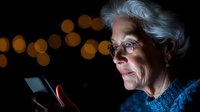 Senior Caucasian woman with gray hair and glasses using smartphone in dark room with warm bokeh lights creating cozy evening atmosphere for technology concept.