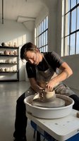 Young male potter shaping clay on pottery wheel in bright ceramic studio workshop with shelves of handmade vessels and large industrial windows.