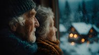 Elderly man in warm winter clothing looking through rain-covered window at blurred city lights during cold evening, contemplating solitude and urban life.