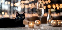 Black cat lying near champagne glass and candle with festive bokeh lights in background, creating cozy holiday atmosphere for celebration and winter decor.