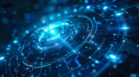 Futuristic circular interface with glowing blue technology elements and digital data streams on dark background, representing advanced computing systems.