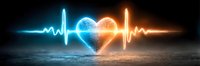 Heart with dual-colored energy waves representing life pulse and vitality in medical healthcare concept on dark background.