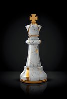 Luxurious marble and gold chess king piece with cross crown against dark background, symbolizing strategy, leadership and power in game design.
