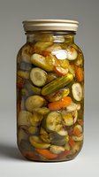 Glass jar filled with homemade pickled vegetables including cucumbers, carrots, and garlic cloves in brine with spices and herbs, preserved for winter storage.