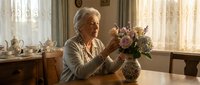 Senior Caucasian woman arranging fresh flowers in decorative vase at home table by window. Elderly lady enjoying peaceful domestic activity in cozy interior.