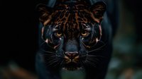 Majestic black panther with piercing golden eyes staring intensely forward in dark jungle environment. Powerful wild cat portrait showcasing natural predator beauty.