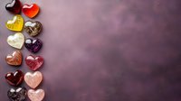 Colorful heart shaped gemstones arranged in vertical line on dark purple background with copy space. Romantic Valentine's day concept for cards and social media.