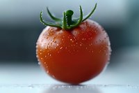 Fresh ripe cherry tomato with water drops on red skin and green stem, macro photography on blurred background, healthy organic produce.