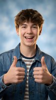 Happy teenage boy with braces giving thumbs up gesture wearing denim jacket and striped shirt against cloudy sky background for youth lifestyle content.
