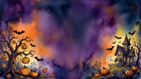 Spooky Halloween watercolor background with haunted house, bats, pumpkins and bare trees in purple orange twilight sky for seasonal decorations.