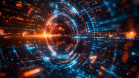 Abstract digital tunnel with glowing orange and blue light effects, circular technology pattern with radial motion blur creating futuristic cyber space background.