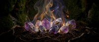 Mystical amethyst crystals arranged in circle with ethereal smoke rising from forest floor creating magical spiritual energy for meditation and healing practices.
