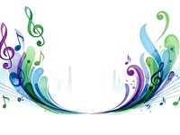 Colorful musical notes and treble clefs with flowing waves create an elegant frame on white background for creative projects and music-themed designs.