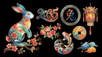 Decorative Chinese New Year 2035 clipart set with ornate rabbit, lantern, koi fish, peach blossom, lucky coin, and clouds, isolated on transparent background for sublimation and t-shirt design.