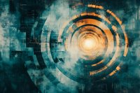 Abstract circular pattern in orange and teal colors with glowing center point on textured background creates futuristic technological mood for modern design projects.