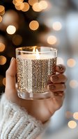 Feminine hand holding glittering gold candle in glass holder against blurred bokeh lights. Cozy winter atmosphere with white knit sweater and brown manicured nails.