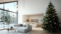 Modern minimalist living room with decorated Christmas tree, panoramic winter forest view, grey sectional sofa, pendant lights and open concept kitchen in neutral tones.