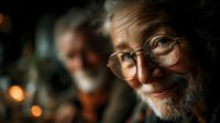 Elderly man with glasses and gray beard smiling warmly in soft lighting. Senior male portrait with gentle expression for healthcare, retirement, wisdom concepts.
