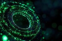 Glowing green digital vortex with particle effects on dark background, creating futuristic technology visualization for cybersecurity or data concept designs.