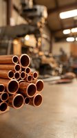 Stack of copper pipes in industrial warehouse with blurred manufacturing equipment background for plumbing and construction projects.