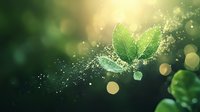 Fresh green leaves with sparkling water drops and bokeh lights against dark background create magical nature atmosphere. Glowing particles add ethereal effect.