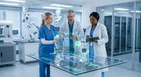 Three diverse medical professionals analyzing holographic data display in modern laboratory discussing research findings and treatment options.