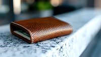 Brown leather wallet with textured surface placed on marble countertop in modern kitchen setting for financial and lifestyle concepts.