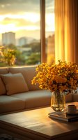 Cozy living room at sunset with yellow flowers in vase on wooden coffee table, sofa with beige pillows, warm sunlight through window, coffee cup and book.