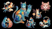 Colorful ornate cats in Asian folk art style, isolated on transparent background. Clipart set for t-shirt design, stickers, print on demand, and sublimation projects.