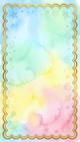 Pastel watercolor background with gold scalloped border, soft rainbow hues, stars and swirls, for cards, invitations, and scrapbooking.
