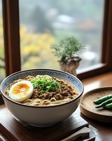Asian noodle soup with minced meat, soft-boiled egg and green onions in traditional bowl. Cozy home setting with window view and fresh ingredients.