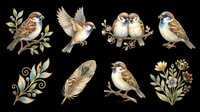 Watercolor sparrows and botanical elements set isolated on transparent background. Includes birds on branches, feather, and floral sprigs for stickers, clipart, and t-shirt design.