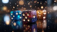 Glowing gaming dice with sparkles and bokeh lights on dark reflective surface creates magical atmosphere for casino and entertainment concepts.