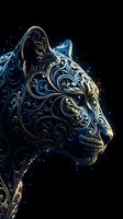 Ornate golden leopard head with intricate swirl patterns and decorative elements on dark background for luxury design projects.