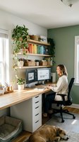 Young woman working from home in modern office space with green accent wall, wooden desk, floating shelves, plants and sleeping dog on floor.