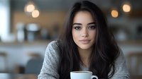 Young Hispanic woman with long dark hair wearing gray sweater holding coffee cup in cafe, soft bokeh background, natural daylight portrait.