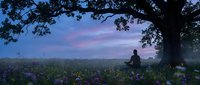 Silhouette of person meditating under large tree in wildflower meadow at twilight with purple sky and peaceful atmosphere for wellness and mindfulness.