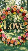 Circular floral wreath with colorful roses and gold Love sign in a sunny garden, perfect for wedding decor, Valentine's Day, and romantic celebrations.