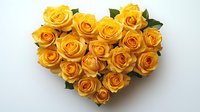 Yellow roses arranged in heart shape on white background, romantic floral composition with fresh blooms and green leaves for wedding, love, or Valentine's Day design.