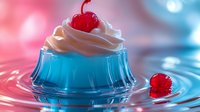 Blue gelatin dessert topped with whipped cream and maraschino cherry on reflective surface with colorful bokeh lighting effects for food photography.