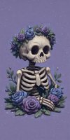 Skeleton adorned with purple rose crown and floral decorations against textured lavender background, celebrating Day of the Dead traditions.