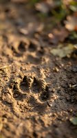 Fresh dog paw prints pressed into muddy soil with shallow depth of field creating natural outdoor tracking scene for wildlife and pet themes.
