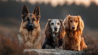 Three different breed dogs sitting together in heathland at sunset, German Shepherd, English Setter and Irish Setter posing for portrait outdoors.