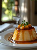 Creamy caramel flan topped with fresh orange segments and parsley on white plate. Rich caramel sauce drips down sides creating glossy pool around dessert.