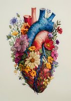 Anatomical heart illustration blooming with colorful wildflowers and garden flowers, featuring blue arteries and pink chambers against light background. Medical art concept.