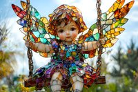 Mosaic fairy child on swing with stained glass wings in vibrant colors against nature background, fantasy garden art sculpture with intricate details and magical atmosphere.
