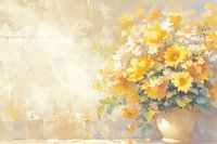 Yellow and orange daisies with white wildflowers in ceramic vase against textured beige wall, soft watercolor style artwork creates gentle spring atmosphere.